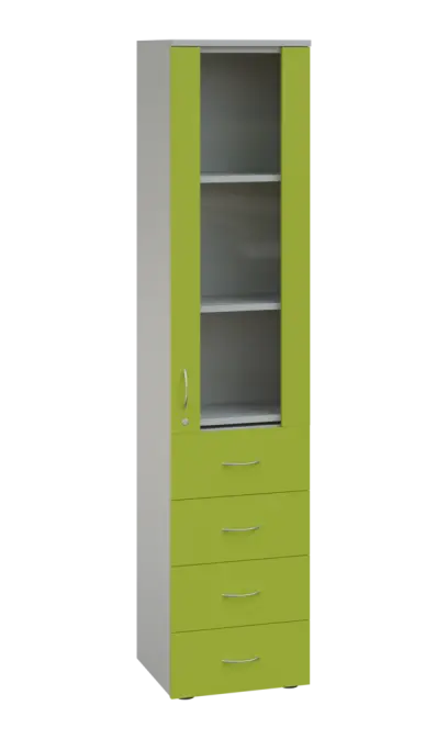 LE - 44 skříň léková prosklená, pravá, korpus šedý, dvířka jarní zeleň